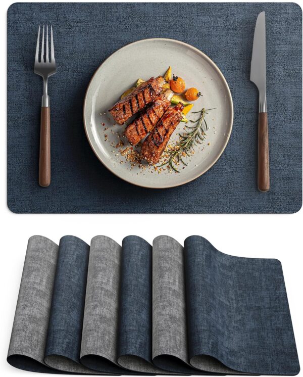 Faux Leather Vinyl Placemats Set of 6 Wipeable Heat Resistant Place Mats 100% Washable - Waterproof - Anti Slip Reversible Table Mats for Kitchen/Dining/Party, 12" x 16.5", Navy Blue & Dark Grey