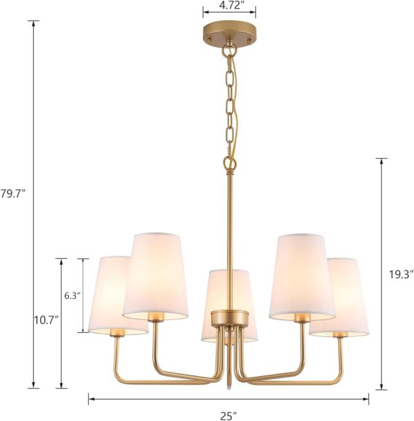 AMZASA Farmhouse Chandelier, 5-Lights Visual Comfort Gold Light, Muted Gold with White Fabric Shade, Linear Island Lighting Fixture for Kitchen, Dining Room - Image 2