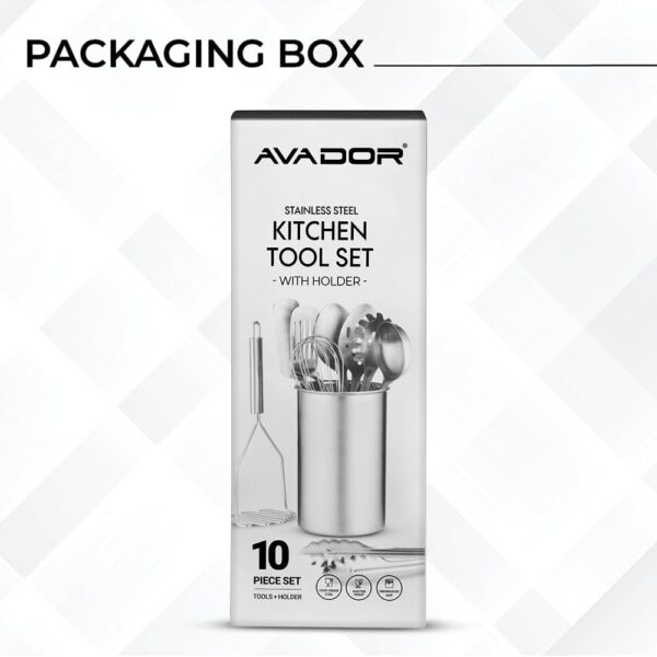 Avador® Premium Set of 10 Stainless Steel Kitchen Tool Set with Holder Easy To Clean, Space Saving, Great for Cooking, Baking, Prepping - Image 4