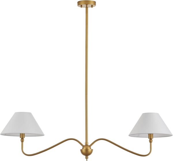 Modern Gold Linear Chandelier for Kitchen Island, 2-Light Linear Light Fixture with Off-White Fabric Shade, Rustic Pendant Light for Dining Room - Image 9