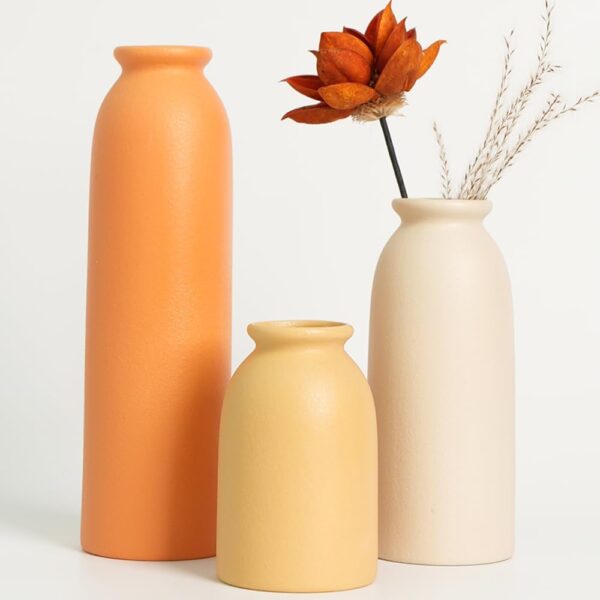10.4 inches Tall Decorative Ceramic Vase Set, 3 Pieces, 10 inches Nordic Modern Boho Style, White, Farmhouse Home Decor(Orange) - Image 5
