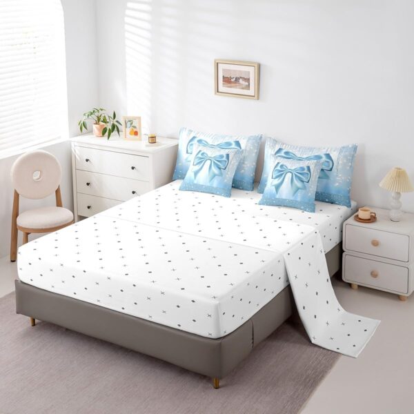 Feelyou Kids Cute Bowknot 7 Pieces Bedding Set Queen Size, Dreamy Princess Comforter Set with Sheets Boys Girls Glitter Bed in A Bag Blue Bow Teens Bed Set Bedroom Decor 7Pcs - Image 4