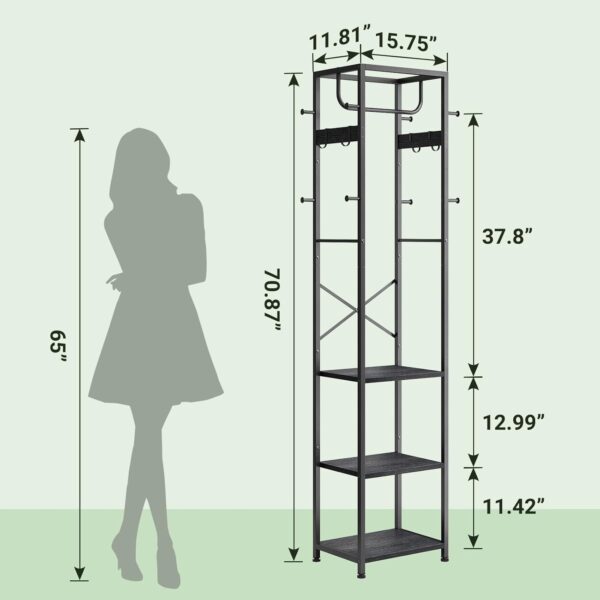 ELYKEN Coat Rack Freestanding, Hall Tree with 3 Storage Shelves and 12 Hooks, Metal Clothes Rack Stand Organizer for Bedroom, Hallway, Entryway, Office, Living Room, Black - Image 3