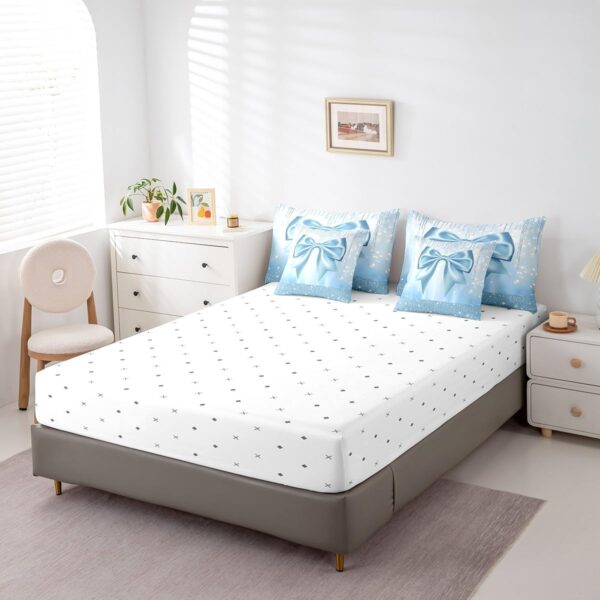 Feelyou Kids Cute Bowknot 7 Pieces Bedding Set Queen Size, Dreamy Princess Comforter Set with Sheets Boys Girls Glitter Bed in A Bag Blue Bow Teens Bed Set Bedroom Decor 7Pcs - Image 5