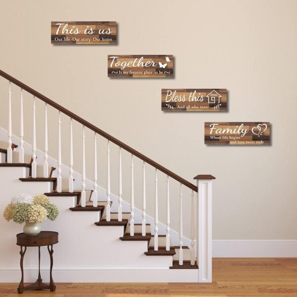 4 PCS Home Wall Decor Signs, IDATOO Rustic Wooden Living Room Hanging Decorations with Quotes THIS IS US/TOGETHER/BLESS THIS/FAMILY, Housewarming Gifts for Wedding Kitchen (Brown, 15 x 5.1 inch) - Image 3