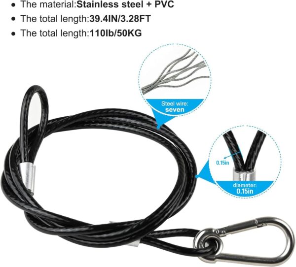 39.4" Safety Cable Black Coated Stainless Steel Security Cable with Carabiner Lock, 110lb Safety Rope for DJ Stage Light LED Par Light Moving Head Light Bicycle Luggage(4 PCS) - Image 5
