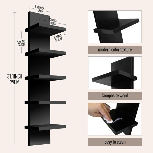 5 Tier Wall Shelf Unit, Decorative Wall Mount Vertical Shelving, Smooth Laminate Finish, Floating Storage Home Decor Organizer Tall Tower Design Utility Shelf for Bedroom Living Room (Black) - Image 3