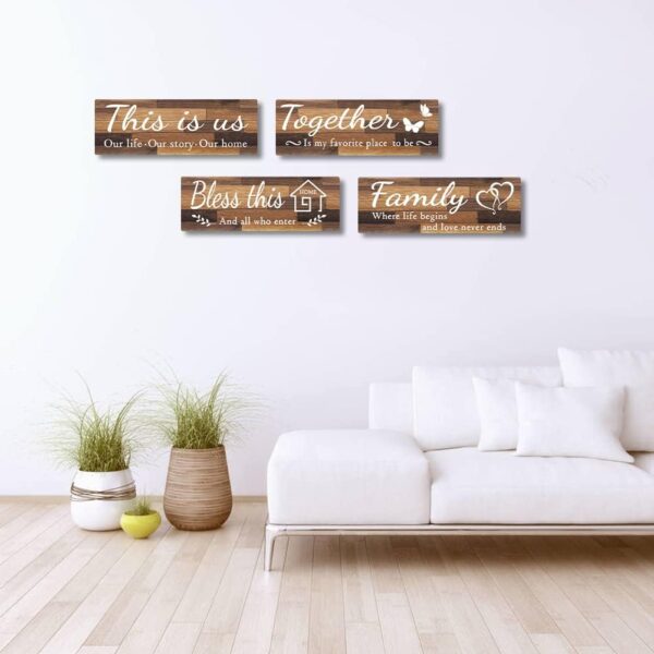 4 PCS Home Wall Decor Signs, IDATOO Rustic Wooden Living Room Hanging Decorations with Quotes THIS IS US/TOGETHER/BLESS THIS/FAMILY, Housewarming Gifts for Wedding Kitchen (Brown, 15 x 5.1 inch) - Image 6