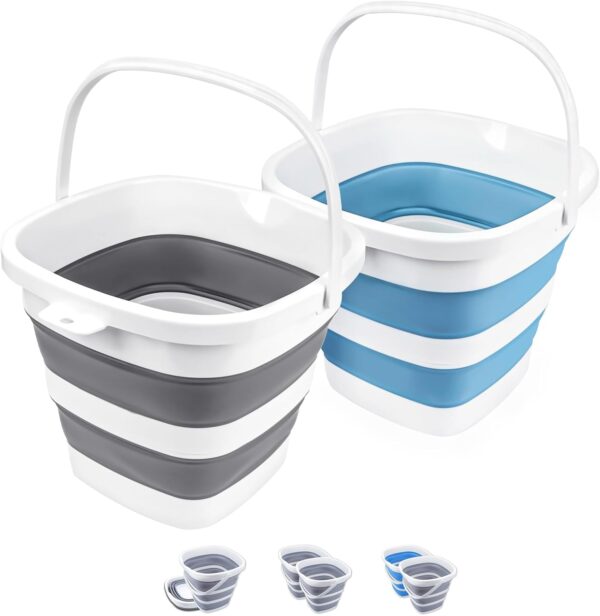 2 Pack Collapsible Buckets 10L 2.6 Gallon Cleaning Bucket Mop Bucket Folding Foldable Portable Small Plastic Water Supplies for Outdoor Garden Camping Fishing Car Wash Space Saving Square Grey Blue