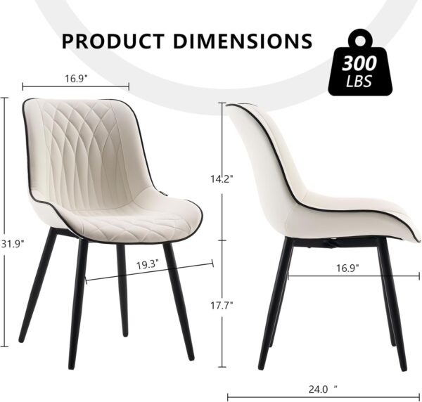 YOUNIKE White Dining Chairs Set of 2 with High Backs Mid Century Modern Kitchen & Dining Room Chair Faux Leather Upholstered Comfortable Large Padded Accent Side Chair Metal Legs sillas de comedor - Image 2