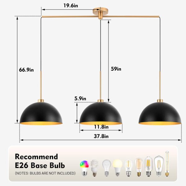 Farmhouse Pendant Lights, 3-Light Black and Gold Dome Pendant Light Fixtures,Industrial Kitchen Island Lighting for Dining Room Bar, E26 Base - Image 4