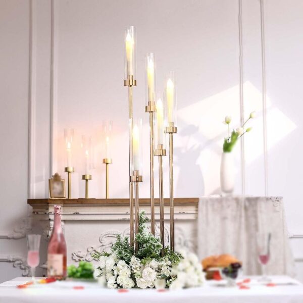 42.5in Gold Candle Holders for Table Centerpiece Candelabra Candlestick Holders Decor Wedding Centerpiece Table Decorations 5 arm Candle Holder Set of 1 Acrylic lampshade Fit 0.9" LED Candle - Image 2