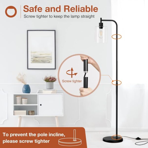 addlon Floor Lamps for Living Room Bright Lighting with Glass lampshade, Modern Bright Floor Lamp with LED Bulbs Industrial Standing lamp for beroom, Tall Pole Lamps Office - Black - Image 5