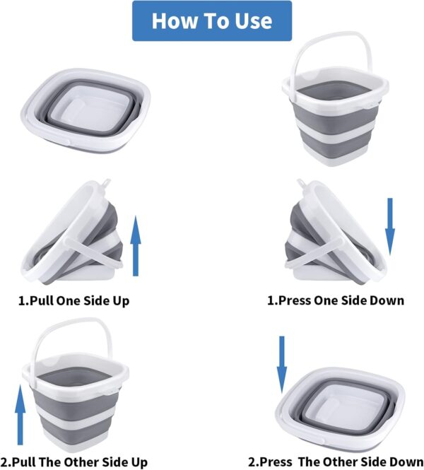 2 Pack Collapsible Buckets 10L 2.6 Gallon Cleaning Bucket Mop Bucket Folding Foldable Portable Small Plastic Water Supplies for Outdoor Garden Camping Fishing Car Wash Space Saving Square Grey Blue - Image 3