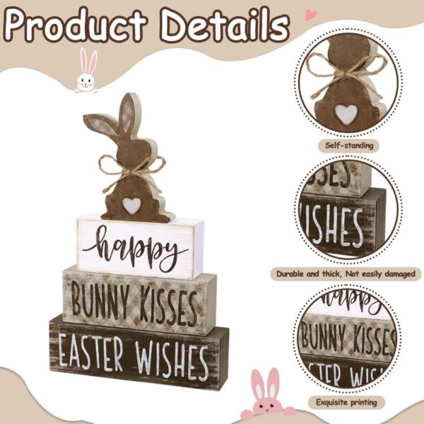 4Pcs Easter Tabletop Decorations Bunny Wooden Block Signs Gift Rustic Easter Tiered Tray Decor Happy Easter Centerpiece Farmhouse Wood Rabbit Table Sign for Kitchen Home Office Party Decor - Image 3