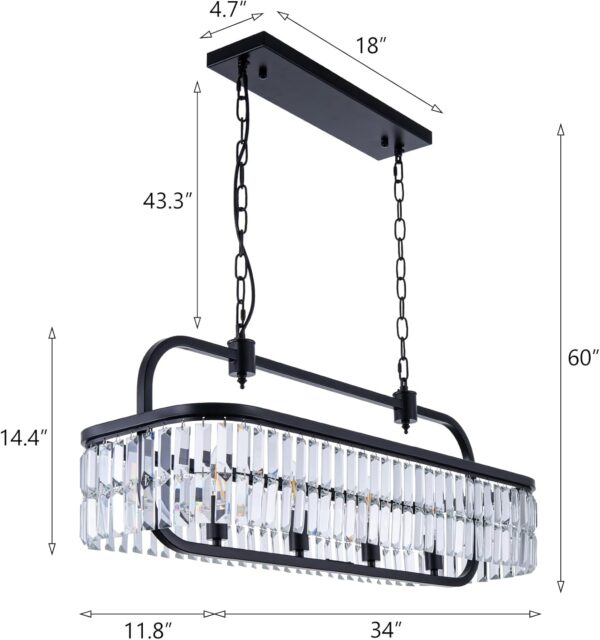 Wellmet Black Crystal Chandelier for Dining Room, 4 Lights Retangle Light Fixture, Farmhouse Kitchen Island Light Fixtures Hanging, Adjustable Pendant Lighting for Living Room - Image 2