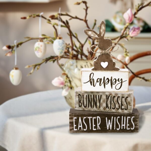 4Pcs Easter Tabletop Decorations Bunny Wooden Block Signs Gift Rustic Easter Tiered Tray Decor Happy Easter Centerpiece Farmhouse Wood Rabbit Table Sign for Kitchen Home Office Party Decor - Image 4