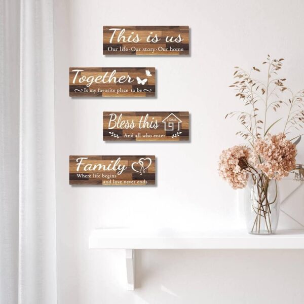 4 PCS Home Wall Decor Signs, IDATOO Rustic Wooden Living Room Hanging Decorations with Quotes THIS IS US/TOGETHER/BLESS THIS/FAMILY, Housewarming Gifts for Wedding Kitchen (Brown, 15 x 5.1 inch) - Image 5