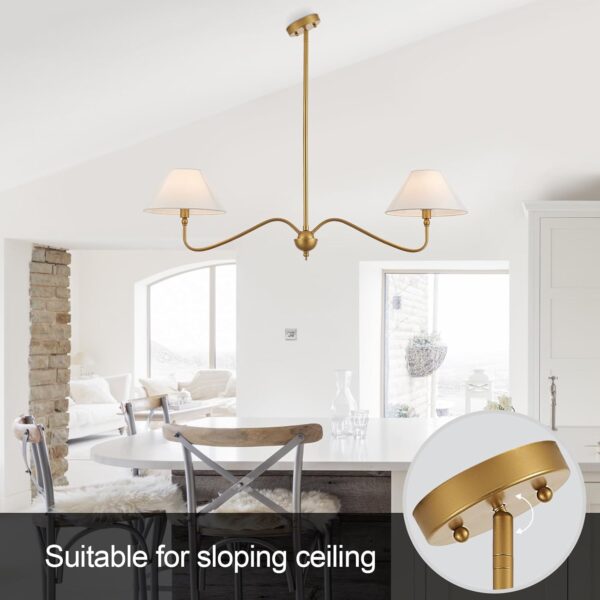 Modern Gold Linear Chandelier for Kitchen Island, 2-Light Linear Light Fixture with Off-White Fabric Shade, Rustic Pendant Light for Dining Room - Image 7