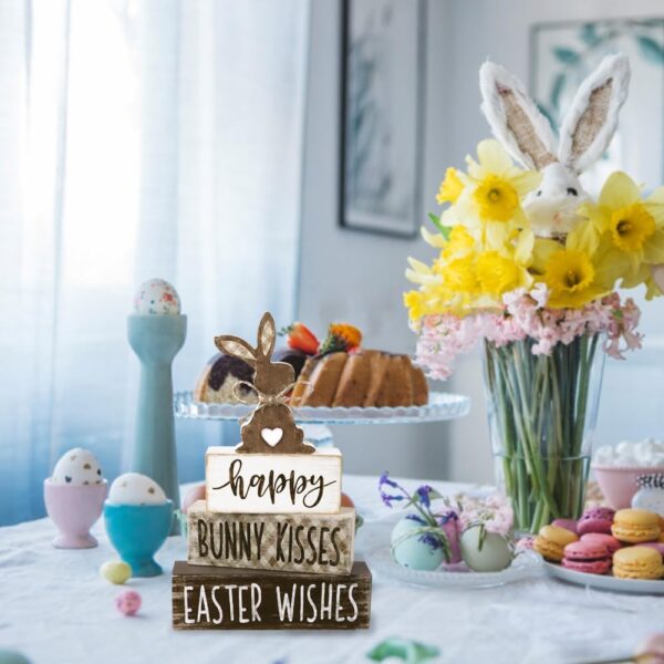 4Pcs Easter Tabletop Decorations Bunny Wooden Block Signs Gift Rustic Easter Tiered Tray Decor Happy Easter Centerpiece Farmhouse Wood Rabbit Table Sign for Kitchen Home Office Party Decor - Image 6