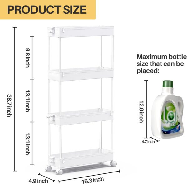 SPACEKEEPER Slim Rolling Storage Cart 4 Tier Bathroom Organizer Mobile Shelving Unit Utility Cart Tower Rack for Kitchen Laundry Narrow Places, White - Image 4