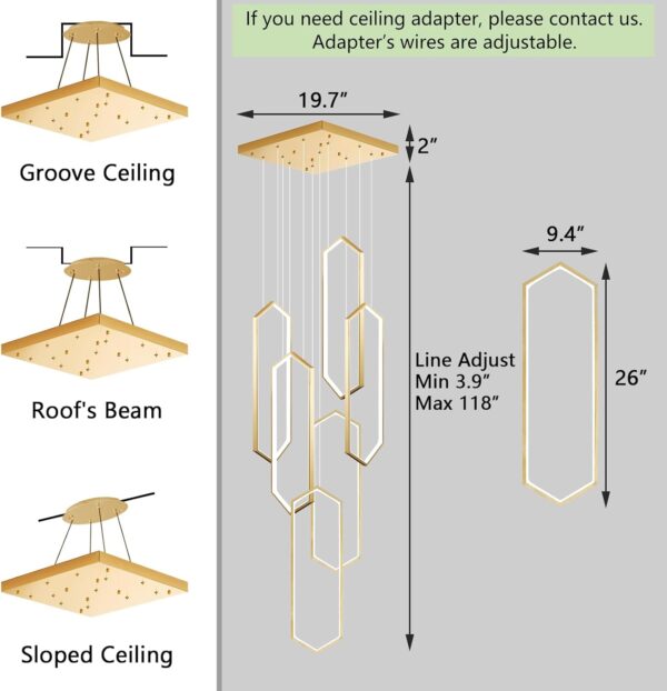 6-Rings Chandelier Modern, Gold Contemporary LED Light for Living Room Entrance, Dimmable Flush Mount High Ceiling Chandeliers with Remote Control for Villa Foyer - Image 2