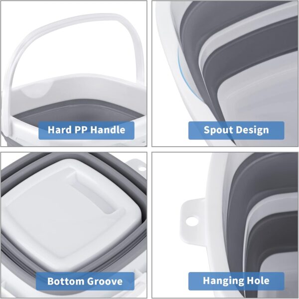 2 Pack Collapsible Buckets 10L 2.6 Gallon Cleaning Bucket Mop Bucket Folding Foldable Portable Small Plastic Water Supplies for Outdoor Garden Camping Fishing Car Wash Space Saving Square Grey Blue - Image 5