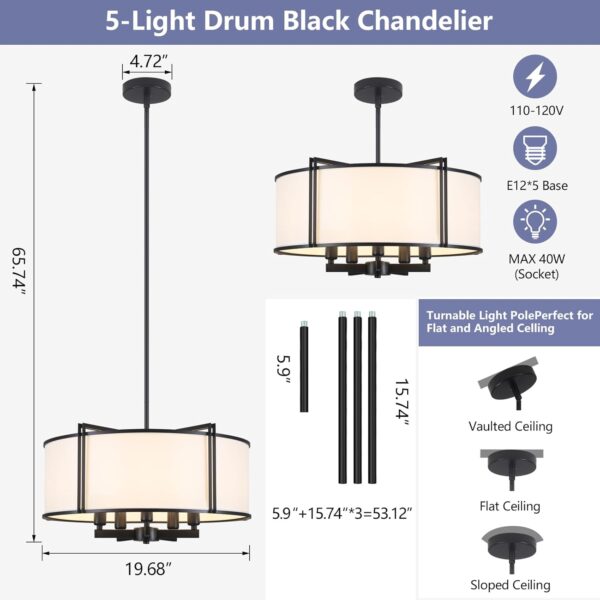 19.6'' Black Drum Chandelier 5-Light Modern White Fabric Chandeliers for Dining Room Adjustable Farmhouse Pendant Light Fixture for Kitchen Island Living Room Bedroom - Image 3