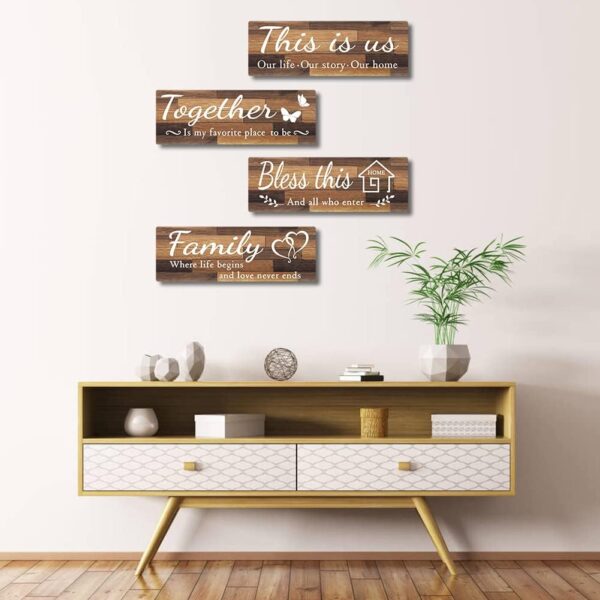 4 PCS Home Wall Decor Signs, IDATOO Rustic Wooden Living Room Hanging Decorations with Quotes THIS IS US/TOGETHER/BLESS THIS/FAMILY, Housewarming Gifts for Wedding Kitchen (Brown, 15 x 5.1 inch) - Image 4
