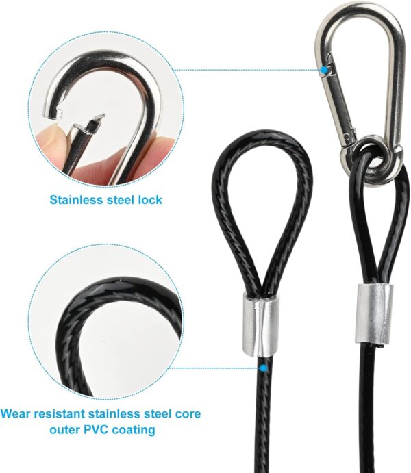 39.4" Safety Cable Black Coated Stainless Steel Security Cable with Carabiner Lock, 110lb Safety Rope for DJ Stage Light LED Par Light Moving Head Light Bicycle Luggage(4 PCS) - Image 3