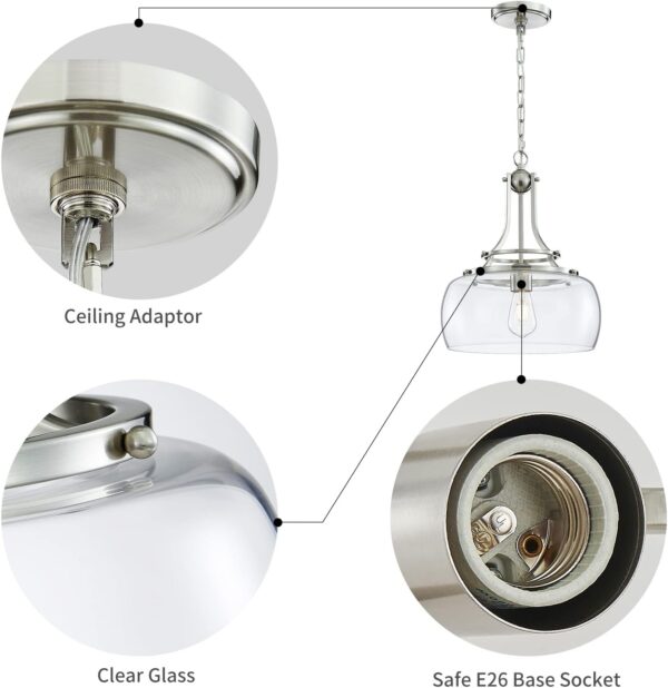 WUZUPS Chandelier Rustic Farmhouse Industrial Round Ceiling Pendant LED Light Fixture with Clear Glass Shades for Dining Room Kitchen Island Foyer Entryway, H 17" x W 13.4", E26 Base, Brushed Nickel - Image 3