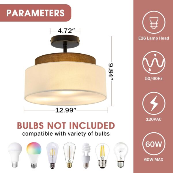 13" Double Drum 3-Light Semi Flush Mount Ceiling Light Fixture Farmhouse Fabric Chandelier with Linen Shade Rustic Black Ceiling Lamp for Bedroom Kitchen Dining Room Hallway Entryway - Image 2