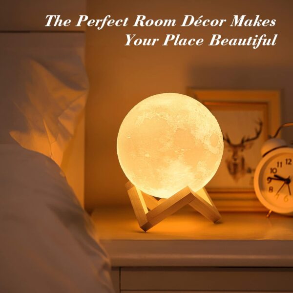 Mydethun 3D Moon Lamp with 5.9 Inch Wooden Base - Gift for Lover, LED Night Light, Mood Lighting with Touch Control Brightness for Home Décor, Bedroom, Women Kids Moonlight - White & Yellow - Image 3