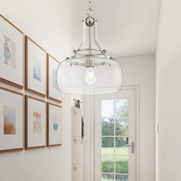 WUZUPS Chandelier Rustic Farmhouse Industrial Round Ceiling Pendant LED Light Fixture with Clear Glass Shades for Dining Room Kitchen Island Foyer Entryway, H 17" x W 13.4", E26 Base, Brushed Nickel - Image 9