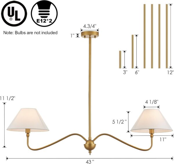 Modern Gold Linear Chandelier for Kitchen Island, 2-Light Linear Light Fixture with Off-White Fabric Shade, Rustic Pendant Light for Dining Room - Image 5