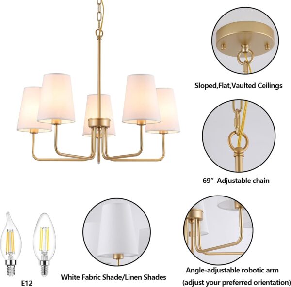 AMZASA Farmhouse Chandelier, 5-Lights Visual Comfort Gold Light, Muted Gold with White Fabric Shade, Linear Island Lighting Fixture for Kitchen, Dining Room - Image 3