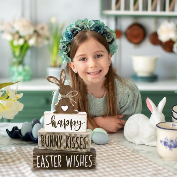 4Pcs Easter Tabletop Decorations Bunny Wooden Block Signs Gift Rustic Easter Tiered Tray Decor Happy Easter Centerpiece Farmhouse Wood Rabbit Table Sign for Kitchen Home Office Party Decor - Image 7