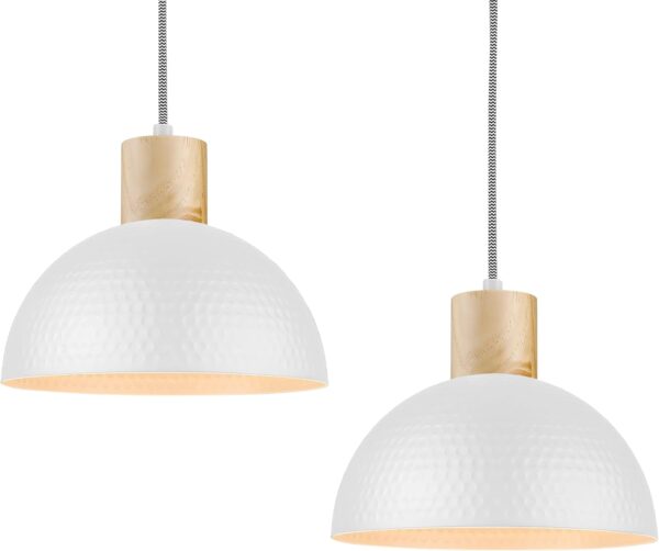 ELYONA 2 Pack Hammered Pendant Lights, 12" Modern Metal Dome Hanging Lamp Solid Wood Pendant Light Fixtures for Kitchen Island, Farmhouse, Dining Room, Sink, Bedroom, Hallway, Nordic White - Image 8