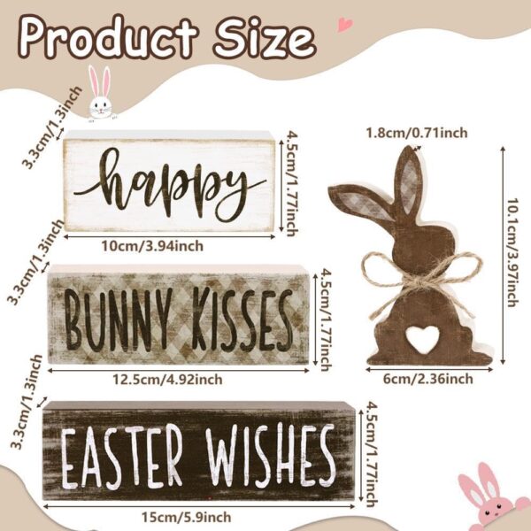 4Pcs Easter Tabletop Decorations Bunny Wooden Block Signs Gift Rustic Easter Tiered Tray Decor Happy Easter Centerpiece Farmhouse Wood Rabbit Table Sign for Kitchen Home Office Party Decor - Image 2
