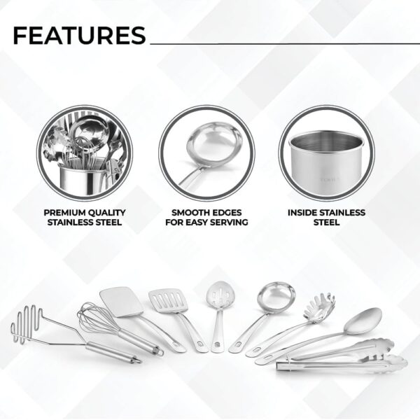Avador® Premium Set of 10 Stainless Steel Kitchen Tool Set with Holder Easy To Clean, Space Saving, Great for Cooking, Baking, Prepping - Image 5