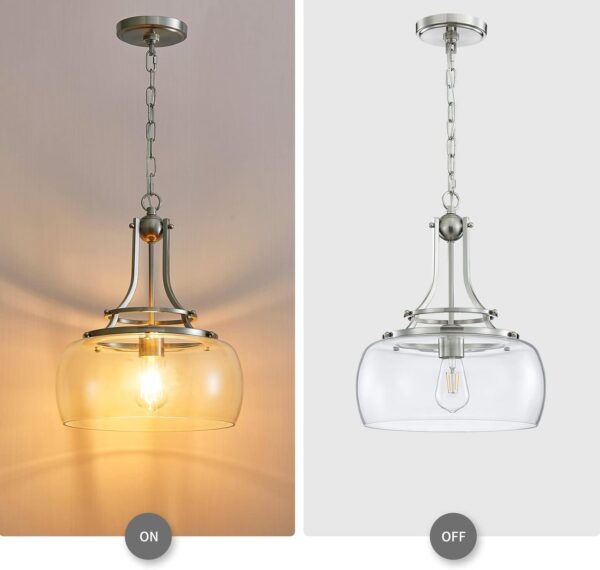 WUZUPS Chandelier Rustic Farmhouse Industrial Round Ceiling Pendant LED Light Fixture with Clear Glass Shades for Dining Room Kitchen Island Foyer Entryway, H 17" x W 13.4", E26 Base, Brushed Nickel - Image 4