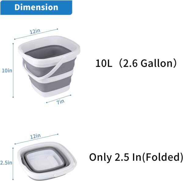 2 Pack Collapsible Buckets 10L 2.6 Gallon Cleaning Bucket Mop Bucket Folding Foldable Portable Small Plastic Water Supplies for Outdoor Garden Camping Fishing Car Wash Space Saving Square Grey Blue - Image 2