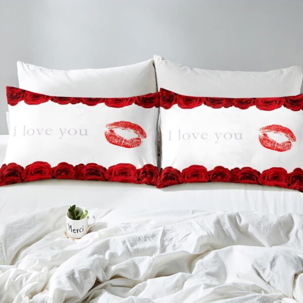 3D Red Rose Bedding Set Queen Size,Red Lip and Flowers Floral Print Duvet Cover Set for Children Bedroom Decor, Love Themed Valentine's Day for Couple Microfiber Comforter Cover with 2 Pillowcases - Image 5
