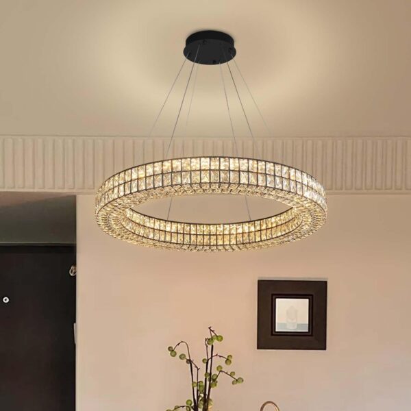 Modern Led Ring Chandeliers Dimmable Crystal Chandelier for Living Room Dining Room Ring Pendant Light Adjustable 24 inch Black - Image 4