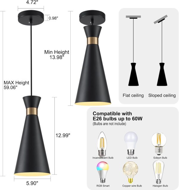 Alynzee 3 Pack Pendant Lights Kitchen Island,Modern Black Dining Room Light Fixture,Space Saving 5.2 in Funnel Mini Chandeliers,Adjustable Height,Brightness,Hanging Lighting for Bar,Sink - Image 4