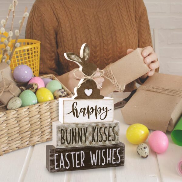 4Pcs Easter Tabletop Decorations Bunny Wooden Block Signs Gift Rustic Easter Tiered Tray Decor Happy Easter Centerpiece Farmhouse Wood Rabbit Table Sign for Kitchen Home Office Party Decor - Image 5