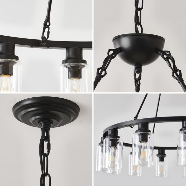 24“ Black Wagon Wheel Chandelier, 6-Light Farmhouse Glass Pendant Lights Kitchen Island Round Hanging Lighting fixtures Ceiling for Living Room, Dining Room, Kitchen Island, Entryway, Foyer - Image 5
