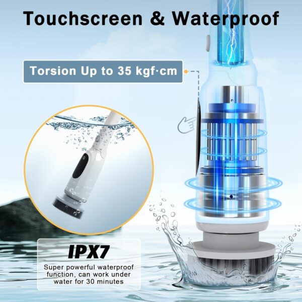 Electric Spin Scrubber, 2025 Upgraded Cordless Bathroom Scrubber, Aluminum Alloy Telescopic Handle, IPX7 Bathtub Electric Cleaning Tool, 3 Speeds Shower Cleaner Brush, 8 Brush Heads, LED Display - Image 6