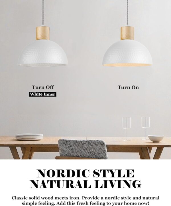 ELYONA 2 Pack Hammered Pendant Lights, 12" Modern Metal Dome Hanging Lamp Solid Wood Pendant Light Fixtures for Kitchen Island, Farmhouse, Dining Room, Sink, Bedroom, Hallway, Nordic White - Image 6