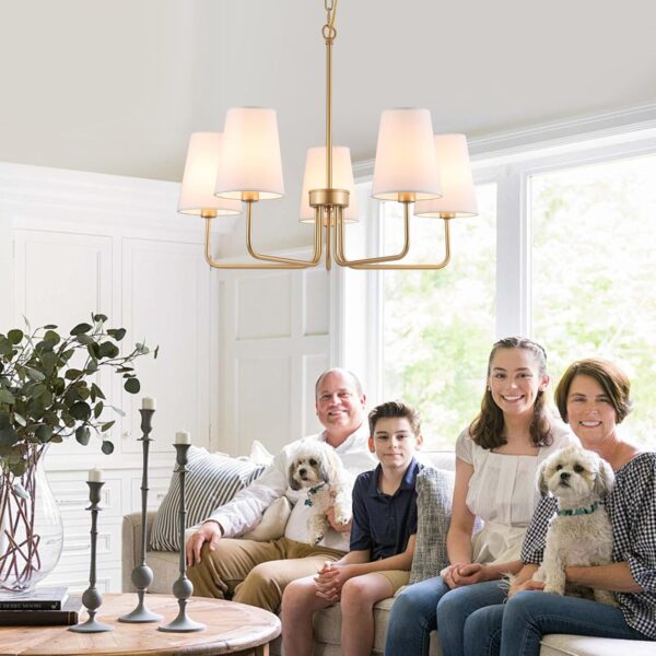 AMZASA Farmhouse Chandelier, 5-Lights Visual Comfort Gold Light, Muted Gold with White Fabric Shade, Linear Island Lighting Fixture for Kitchen, Dining Room - Image 6